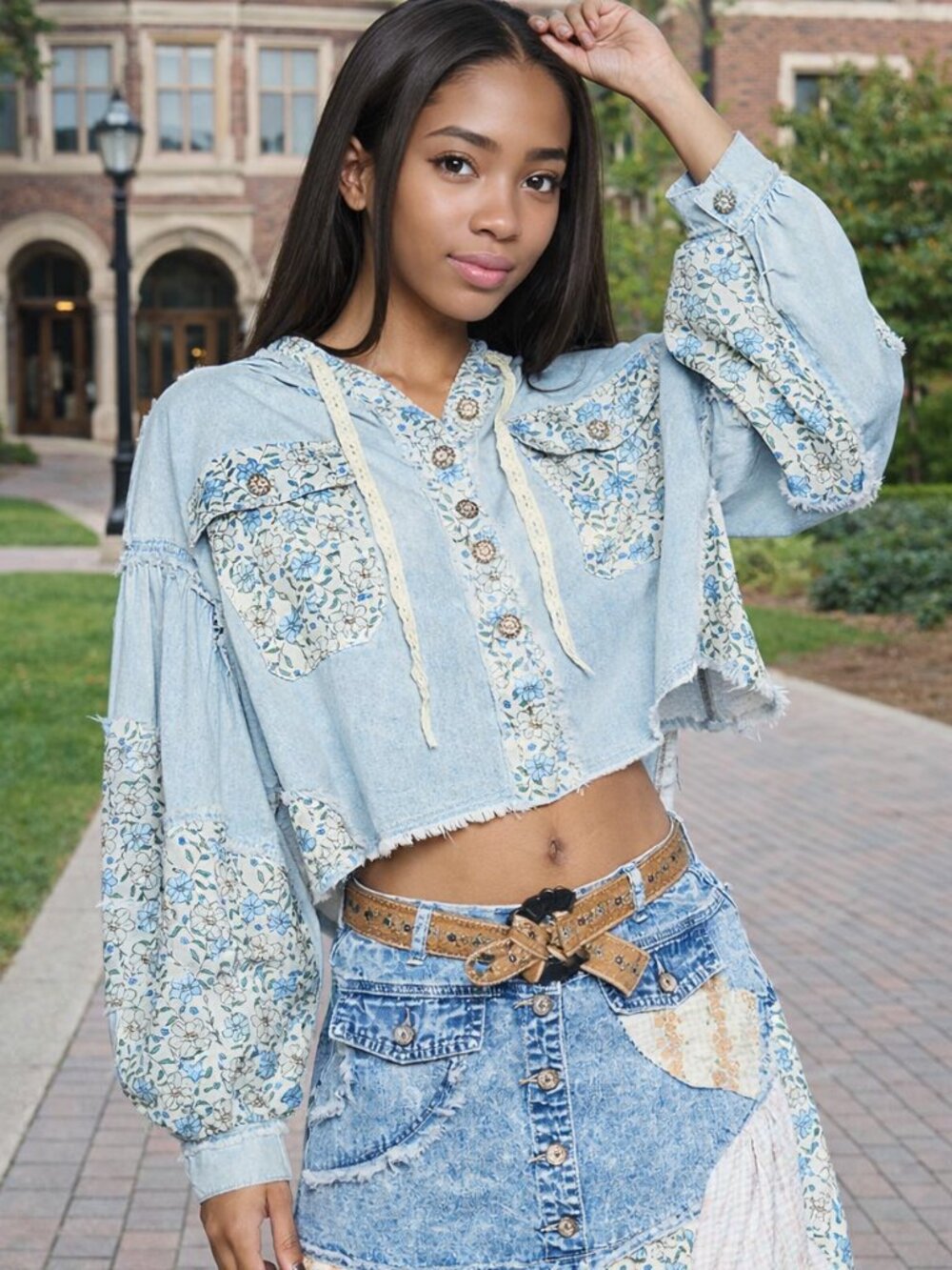 POL Sweet Boho Baby Girl Super Baggy Lightweight Fluttery Floral Denim Hoodie